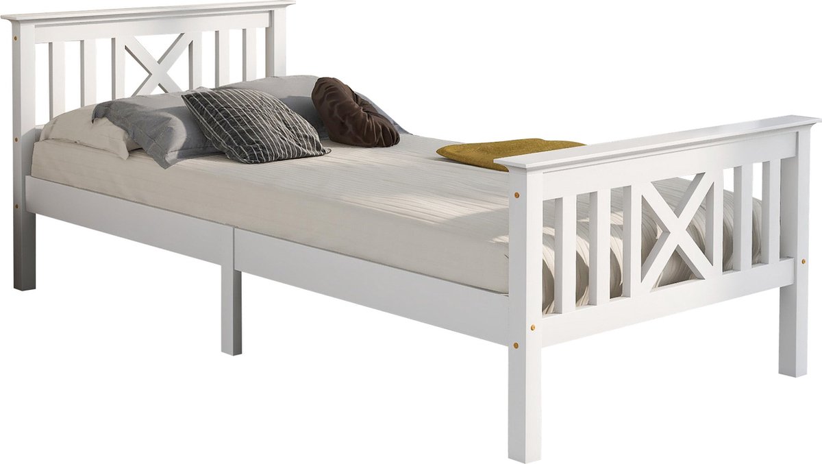 Merax Houten Bed 90x200 cm - Massief Houten Bedframe met Lattenbodem en X-vormig Hoofdbord - Kinderbed en Jeugdbed - Wit