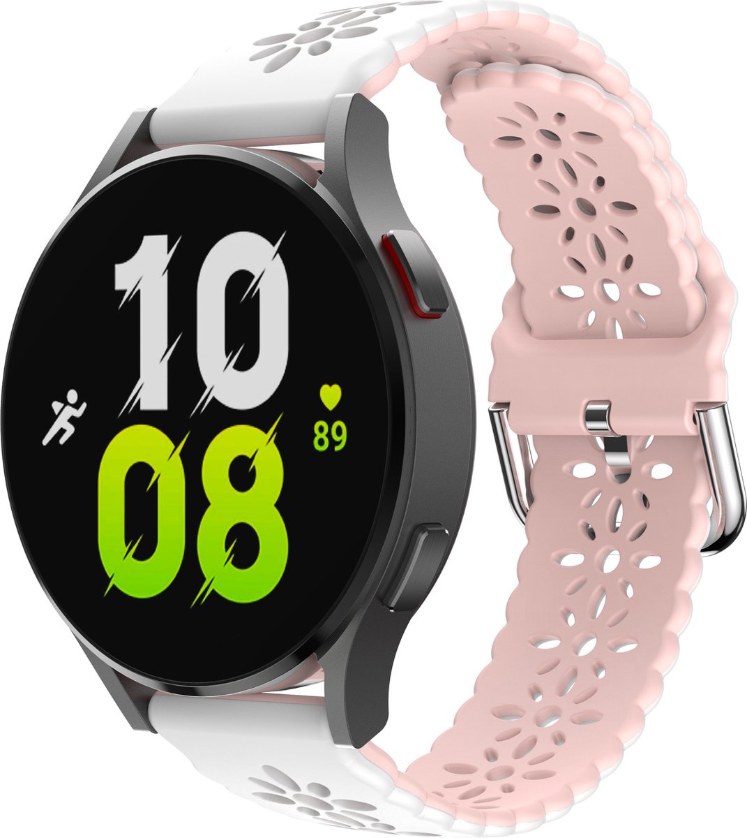 Stravo Siliconen Sport bandje - Wit/roze - Verstelbare Armbandje met Snelle 20 mm Bloemenprint - voor Galaxy Watch 7 (40 & 44mm)/Watch 6 (Classic)/Watch 5 (Pro)/Watch 4 (Classic)/Watch 3 41mm/Watch 1 42mm/Watch Active/Watch FE/Gear Sport