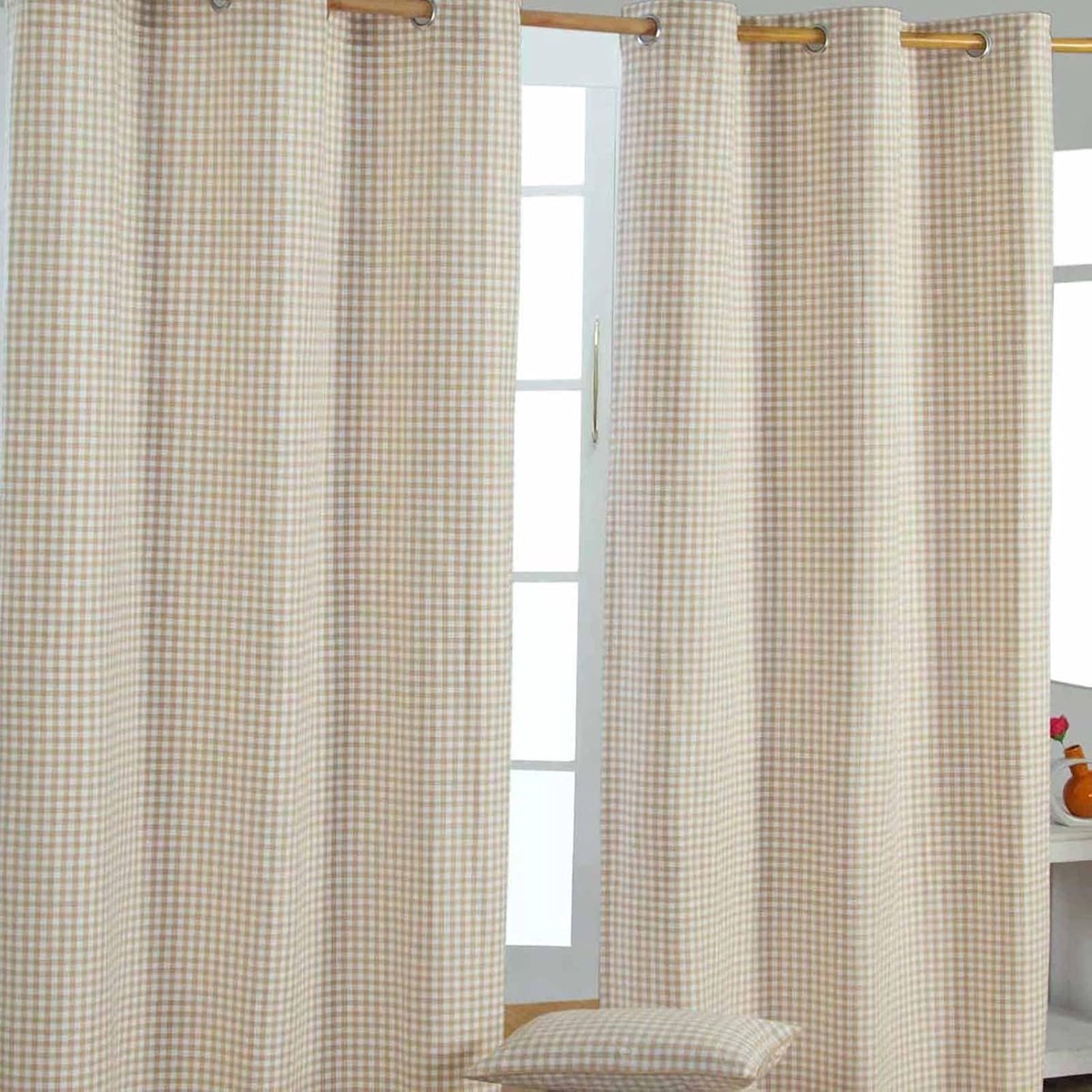 Homescapes gordijnen met oogjes gingham beige in een set van 2, 182 x 137 cm Beige/Wit
