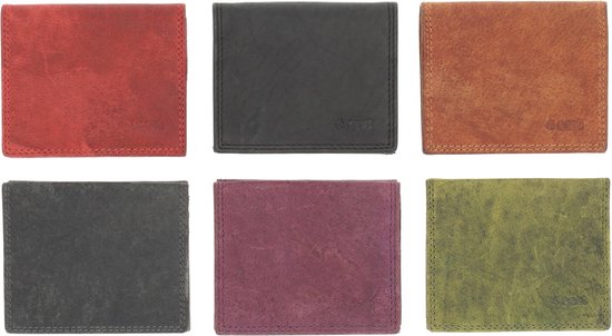 Zes portemonnees in verschillende kleuren: rood, zwart, bruin, grijs, paars en groen.
