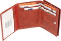 Rood leren portemonnee, opengeklapt met pasjes en briefgeld, een vak met plastic venster links.