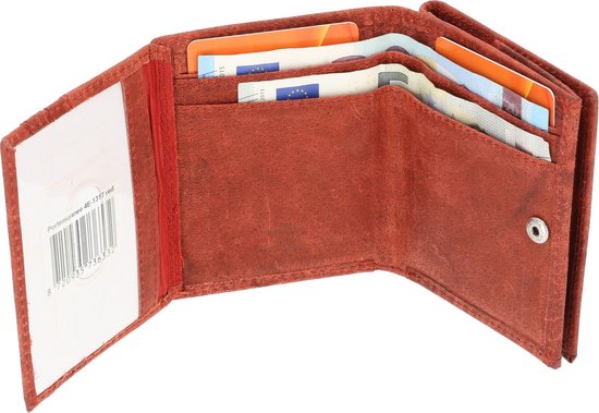 Rood leren portemonnee, opengeklapt met pasjes en briefgeld, een vak met plastic venster links.