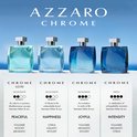 Vier Azzaro Chrome flessen met hun respectievelijke namen, intensiteit en geurprofielen weergegeven.