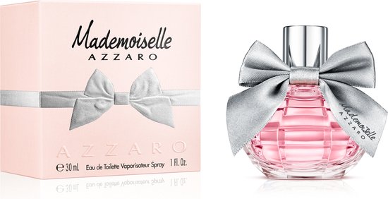 Flasque et boîte Mademoiselle Azzaro Eau de Toilette 30ml, toutes deux avec un nœud rose et argenté.