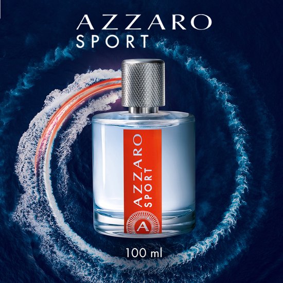 AZZARO SPORT Eau de Toilette fles met een rode band en een doosje ernaast.