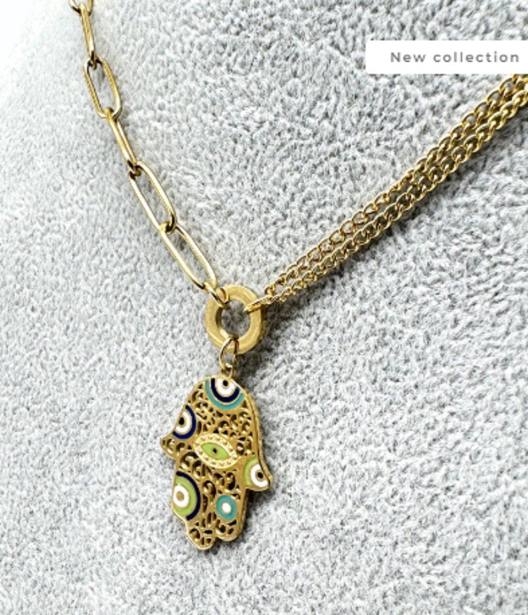 speciale ketting met hamsa hand - half brede schakel en half dubbele ketting - uniek - collier - hand of fatma - 45cm -stainless steel - bedel -luxe - cadeau - kadotip - mam - kerst idee
