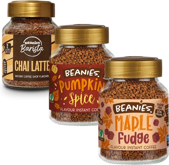 Foto: Beanies instant koffie pumpkin spice chai latte maple fudge herfst koffie herfst smaken flavoured oploskoffie kerst kado kado gift set