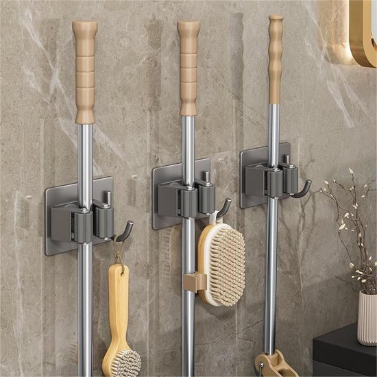 Bezemhouder - Ophangsysteem bezem - 4 stuks - Gereedschapshouder - 4 Houders 4 Haken - Bezem ophangsysteem - Hanger Achter de Deuren - Op Muren - Zelfklevend Tape - voor keuken, tuin, badkamer, garage, balkon, kantoor, grijs van Hinata's Market — afbeelding 2