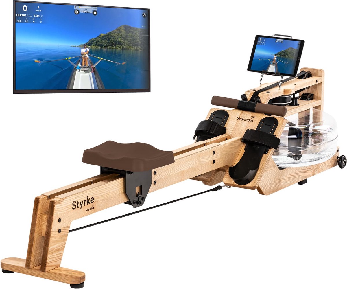 Skandika Styrke II Roeitrainer – Roeiapparaat - Roeimachine fitness -  Waterroeier van echt eikenhout & regelbare waterweerstand, Water roeimachine, uitrusting voor thuis, gebruiker tot 200 cm/180 kg - 211 x 54 x 68 cm (LxBxH) - eikenhout/bruin
