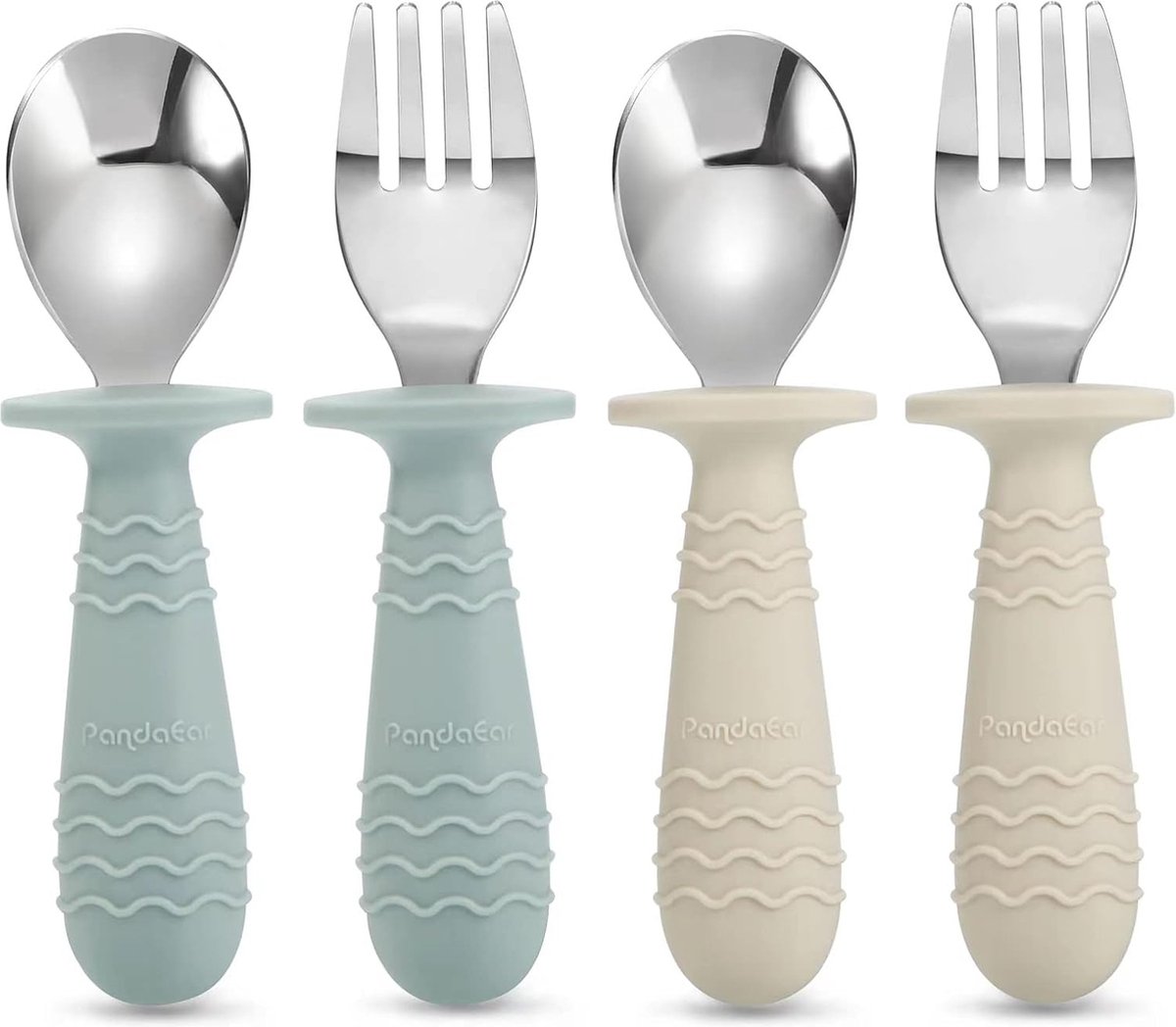 Premium 4 Set Baby Peuter Siliconen Rvs Gebruiksvoorwerpen Zilverwerk Lepel Vork voor Baby Peuter BPA Gratis met Siliconen Holding Anti-Choke Ontwerp