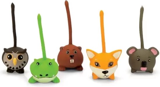 Vijf latex dierenspeeltjes: een uil, krokodil, bever, vos en koala, elk met een lange staart.