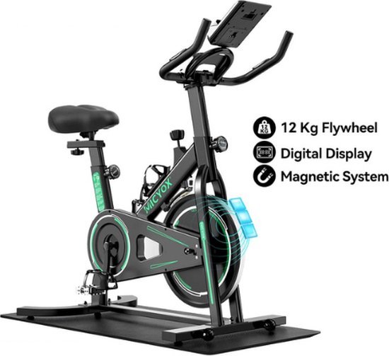 Foto: Spinning bike hometrainer fitness fiets met anti slip mat digitale display tablethouder verstelbare weerstand makkelijk verplaatsbaar