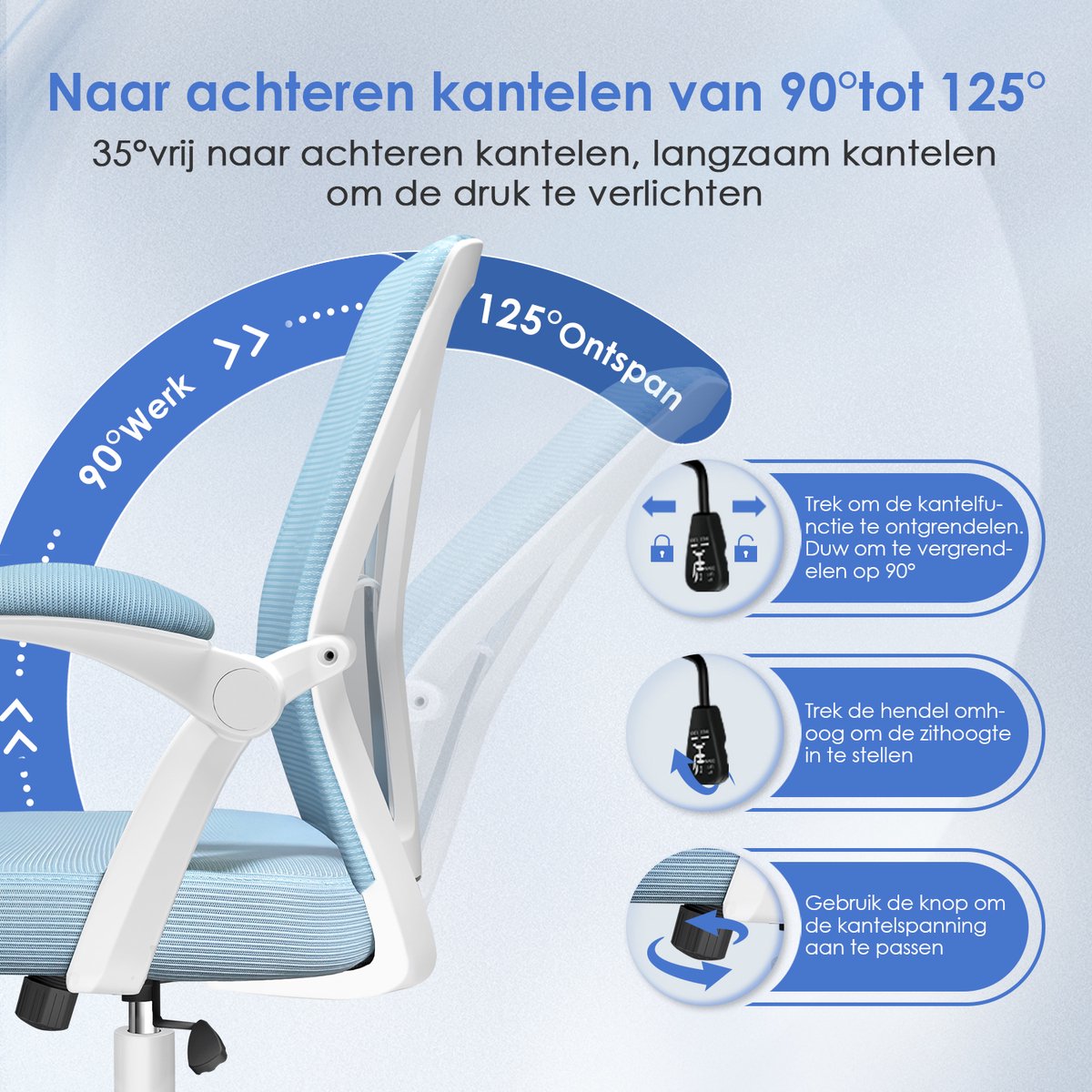 Elekiatech Ergonomische Bureaustoel - Bureaustoel - Opklapbare Armleuningen - Bureaustoelen voor Volwassenen-150 Kg-Blauw thumbnail 2