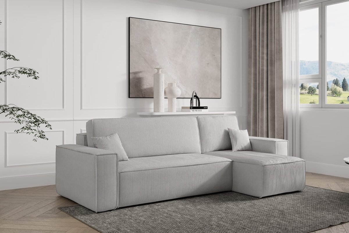 Hoekbank Frenkie - Universeel - Ribstof - Grijs - Slaapbank met opbergruimte - Lounge Links of Rechts - Direct Leverbaar - Hoekzetel - Chaise longue - Zetel met slaapgedeelte - 3 zits - Zitcomfort Medium