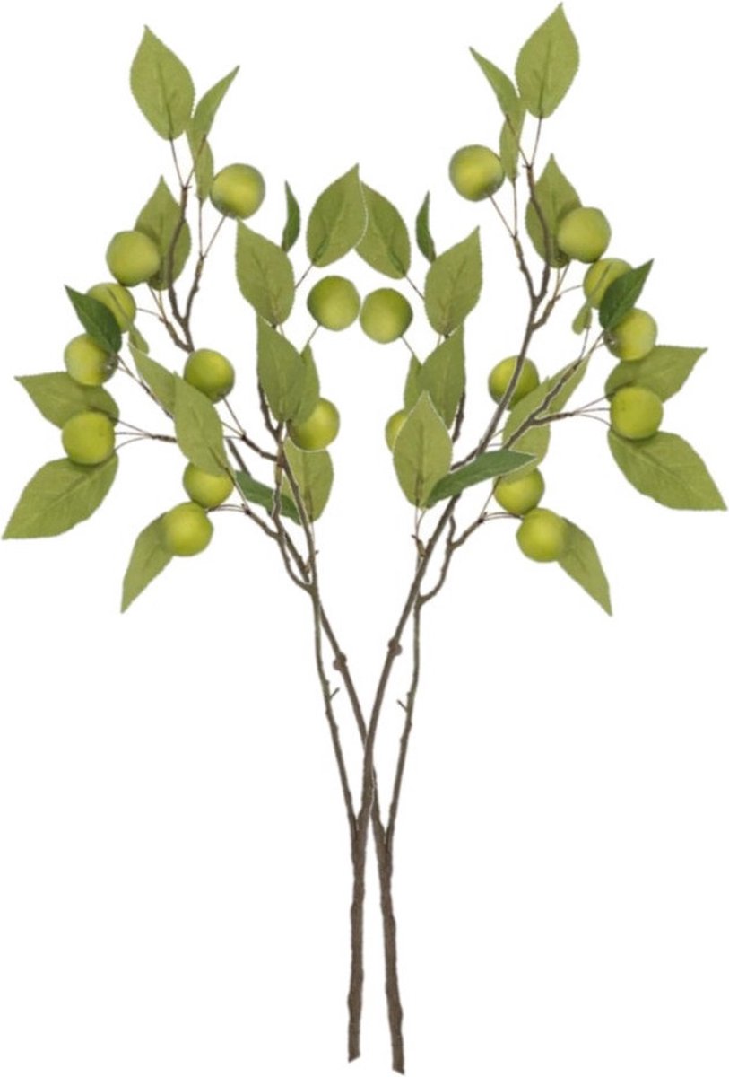 DK design Kunstbloem fruit tak met appels - 2x - 76 cm - groen - Kunst zijdebloemen