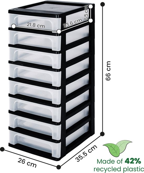 Iris Ohyama Organizer Coffre système de tiroirs A4 - 8 petits tiroirs - 8 x 4L - Plastique - Noir / Transparent