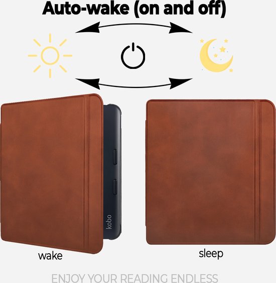 Lunso Geschikt voor Kobo Libra Colour hoes (7 inch) - echt leren sleepcover - Cognac van Merkloos — afbeelding 4