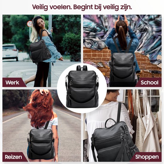 Zwarte Glennoo rugzak in diverse situaties: werk, school, reizen en winkelen.