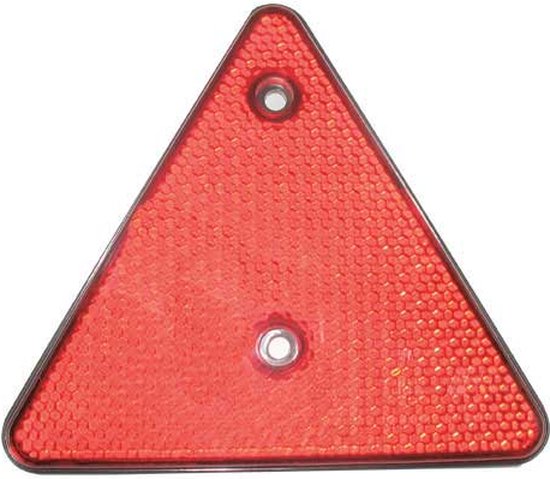 Rode driehoekreflector met een zilverkleurige rand en twee montagegaten.
