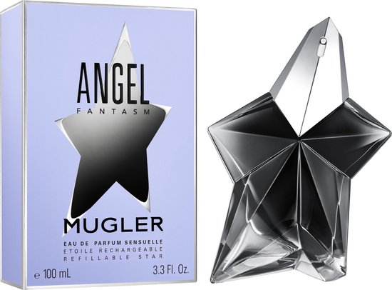 Mugler Angel Fantasm Eau de Parfum Sensuelle 100ml flacon naast de lichtblauwe verpakking.