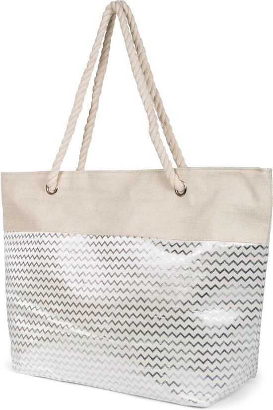Sac de plage XXL à motif zigzag métallique, sac à bandoulière avec fermeture éclair, shopper - 02012404 sac de plage avec fermeture éclair xl