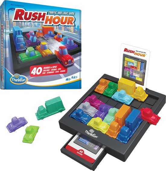 Doos en spelbord van het spel Rush Hour met gekleurde auto's en vrachtwagens in een verkeersopstopping.
