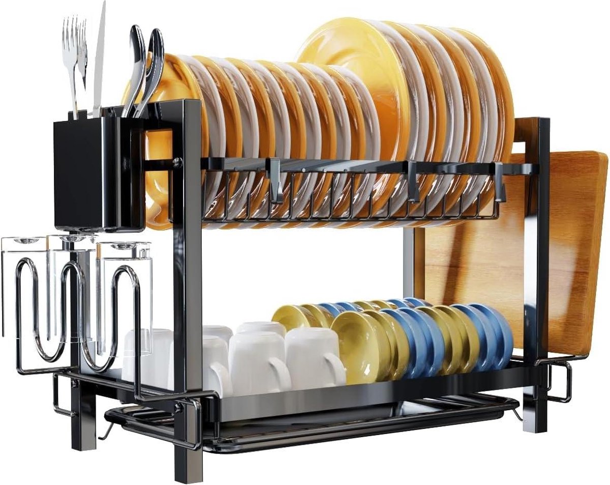 Goedkoopste Afdruiprek met grote capaciteit - Keukenafdruiprek met keukengerei - Afdruiprek met snijplankhouder en haken - Zwart bordenrek