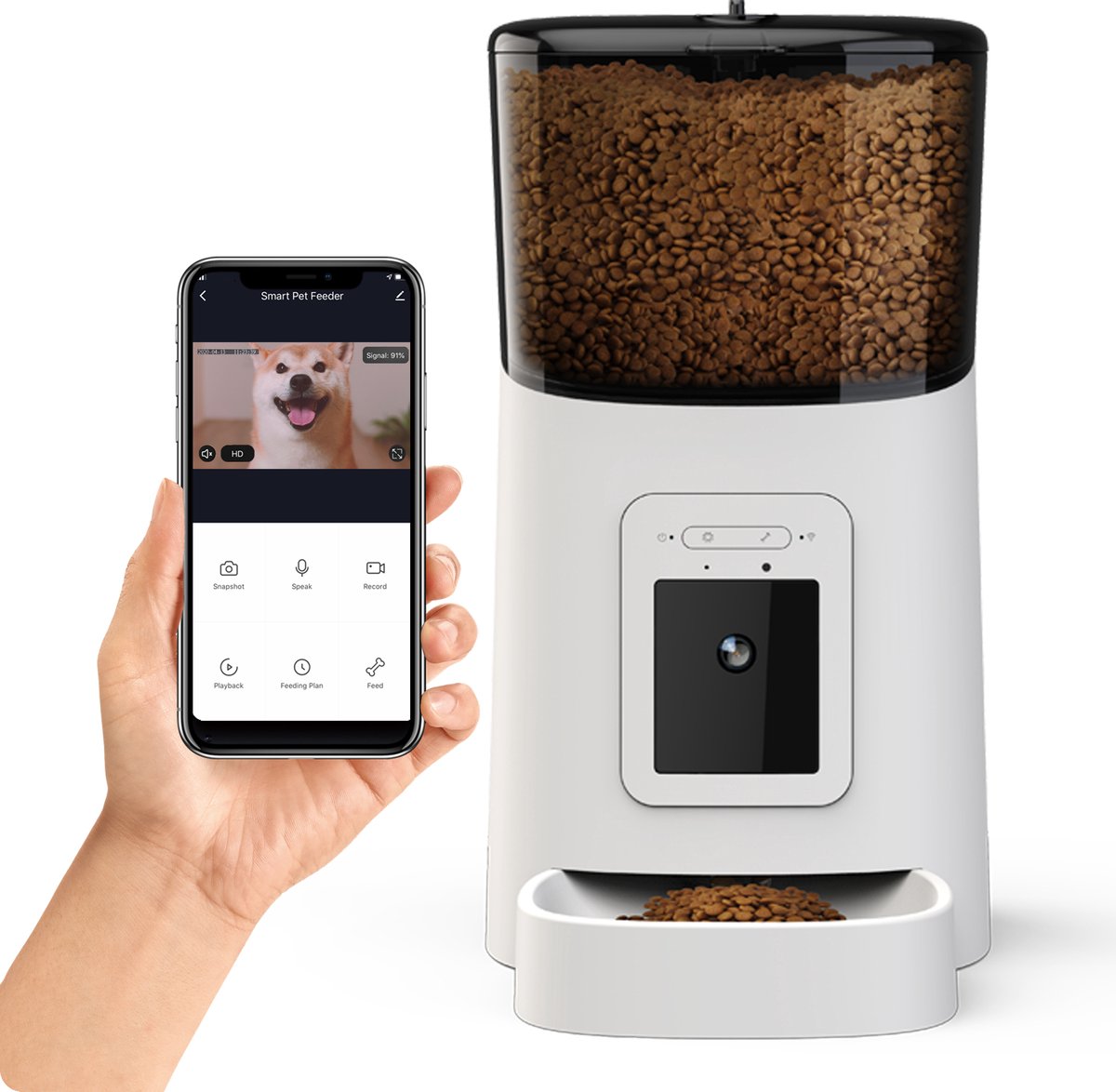 Automatische Voerbak Kat en Hond - met Camera - Inhoud 6 Liter - Voerbak Kat met Smartphone besturing - Voerautomaat - Wit - Proun