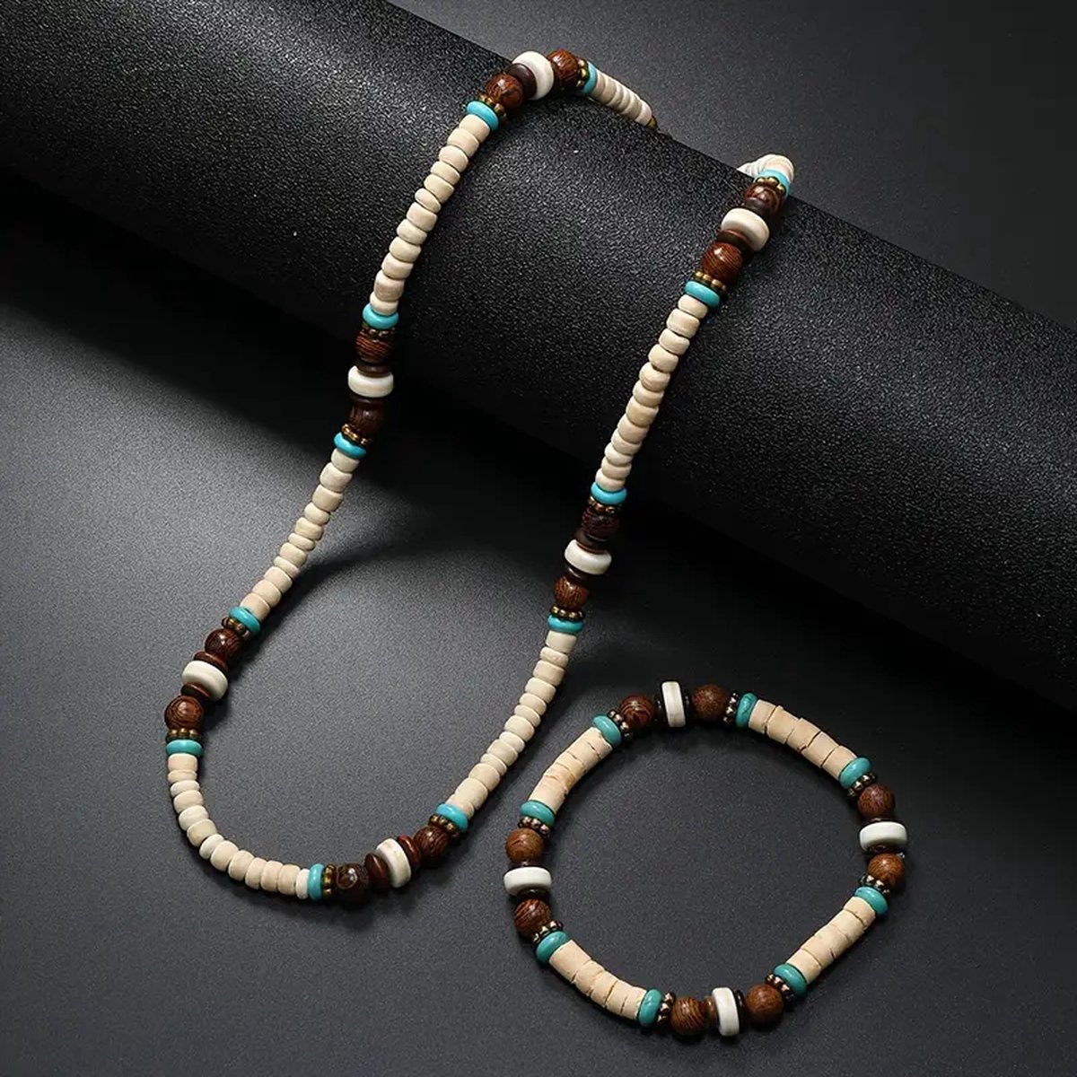 Helin life Klassieke ketting heren - Kettingen &armband set-Kralen kettingen set-Armband heren set- Schakelketting &armbanden- Kralenketting- Cadeau voor Man -Natuursteen turkoois&Houten kralen- 45+5cm-Surfer-Mannen Cadeautjes