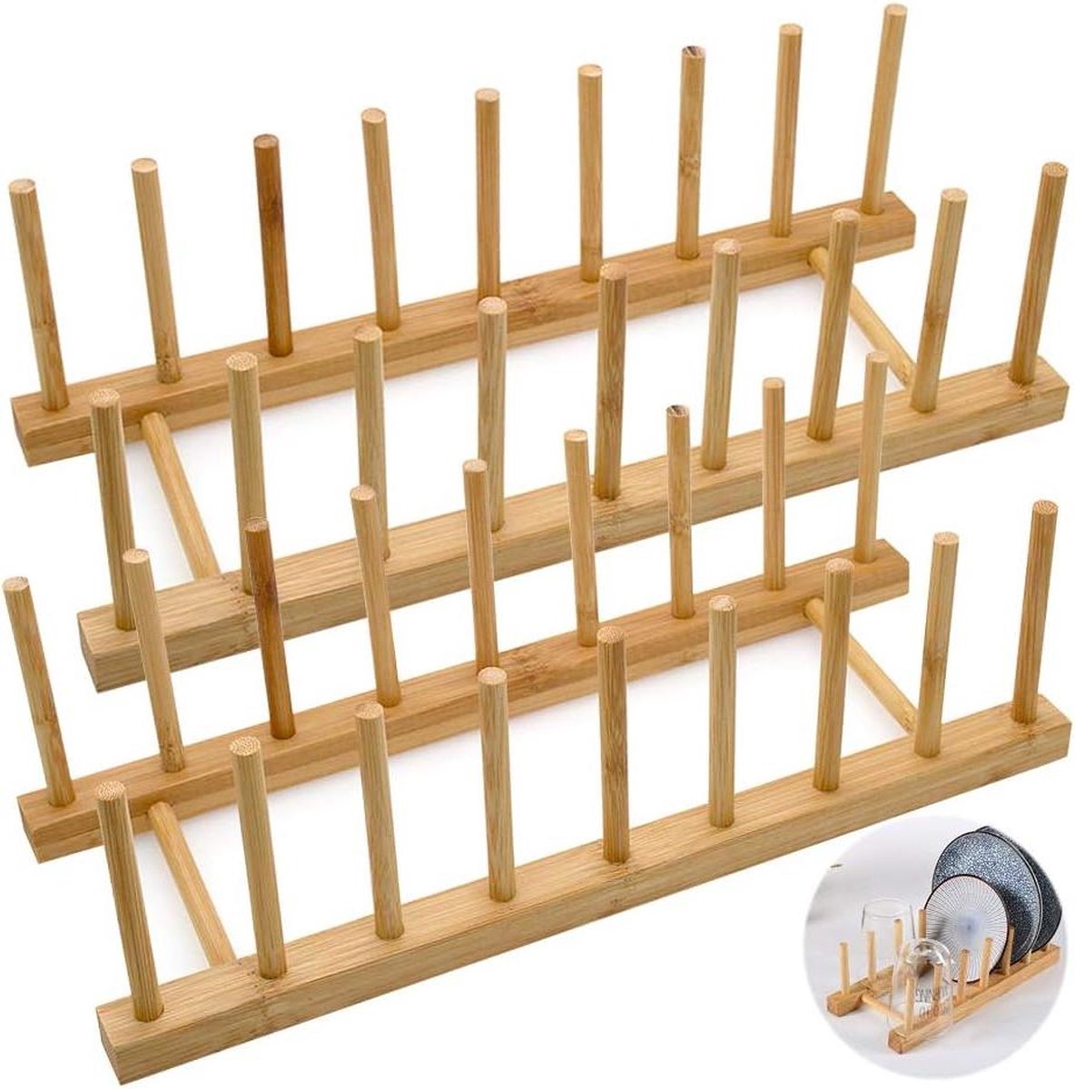 Goedkoopste Bamboe houten afdruiprek - Set van 2 bordenrek standaard pannendekselhouder - Keukenkastorganizer voor kom beker snijplank bordenrek