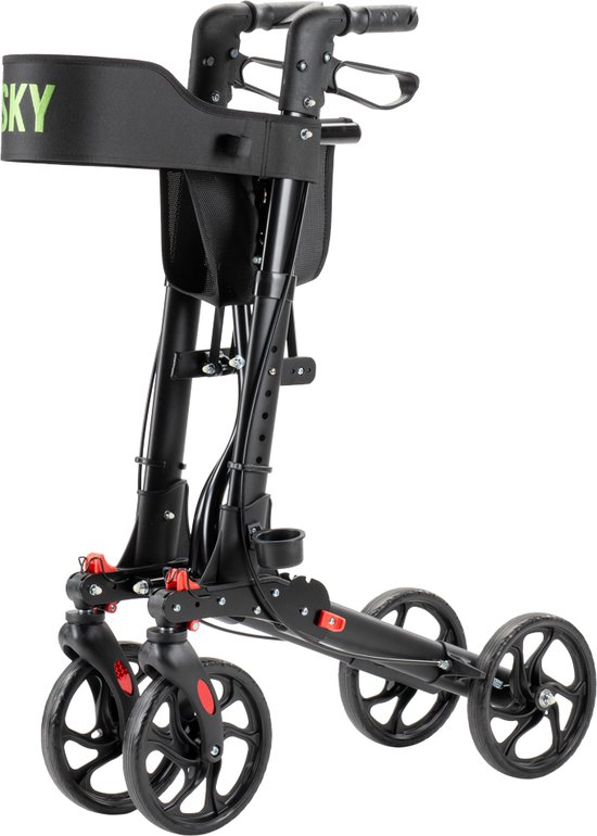 Sky - Lichtgewicht rollator - Zwart - Dubbel opvouwbaar - Met stokhouder, tas en rugband