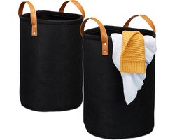 wasmand vilt - 28 liter - kunstlederen handgrepen - opvouwbaar - draagbaar - zwart
