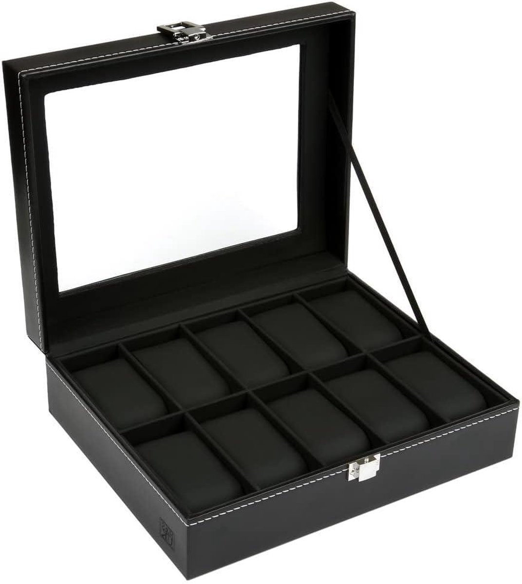 Horlogedoos met glazen deksel en fluwelen kleding - zwart kunstleer - ruimte voor 10 horloges - dames en heren