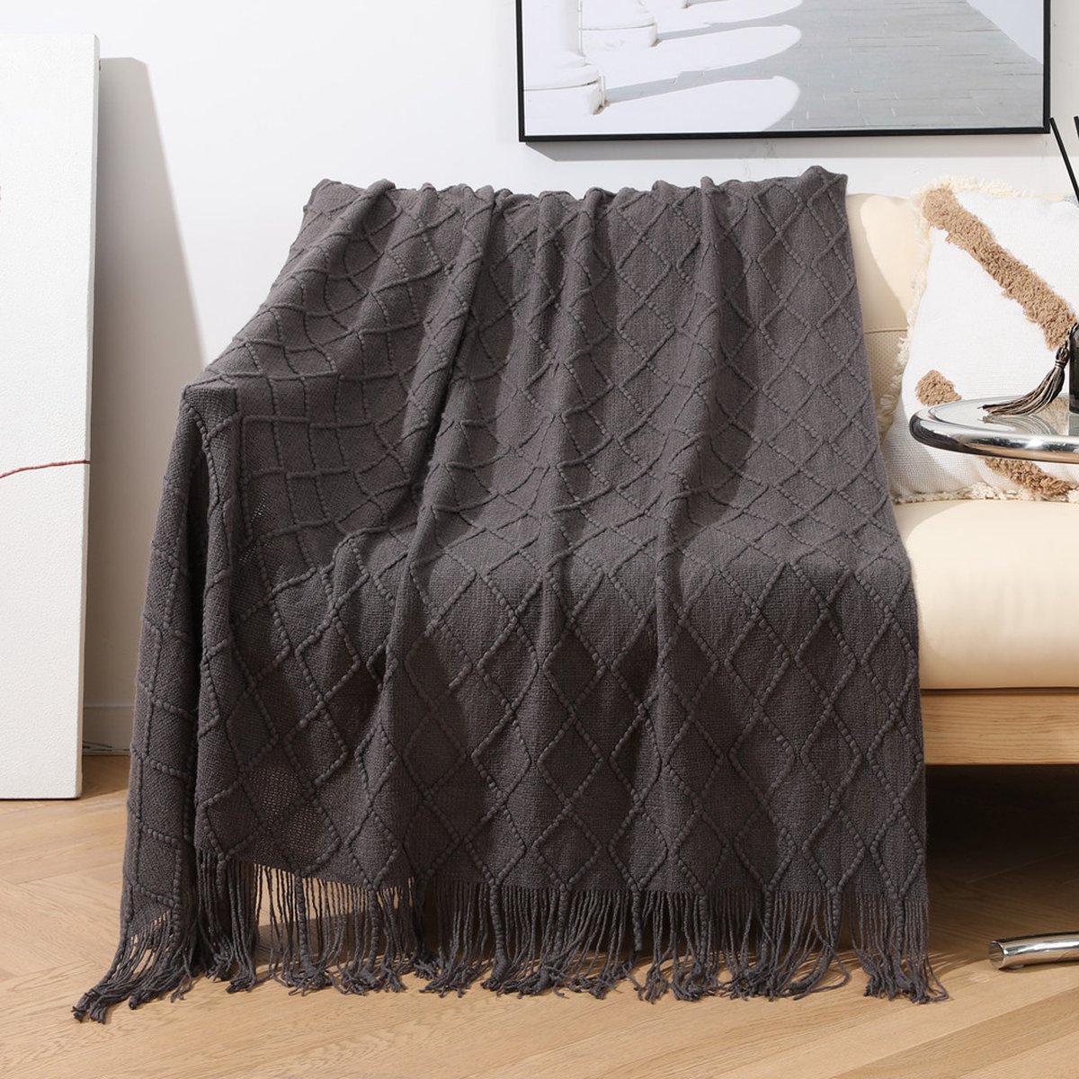Stevige, zachte, gebreide, decoratieve deken met kwastjes voor een slaapbank, zacht, warm en comfortabel, lichtgewicht voor de lente en zomer (130 cm x 230 cm)