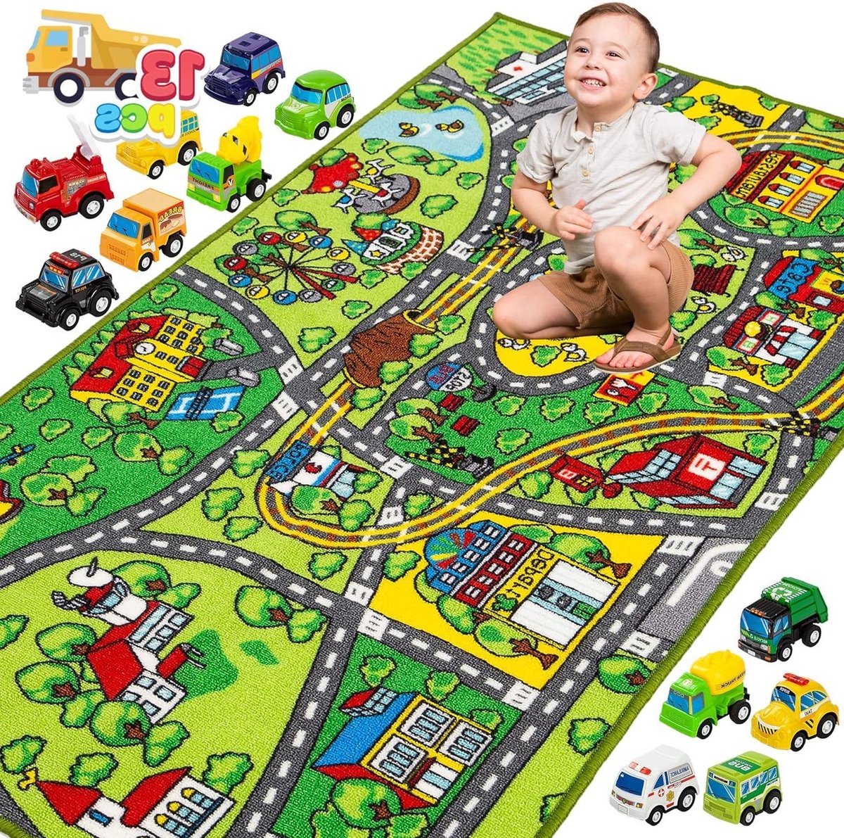Speelmat Tapijt met 12 auto's Pull-Back Voertuig Set Kinderen 3+ Jumbo Speelkamer City Pretend Play