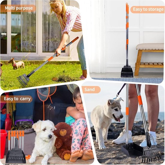 HAPPY HACHI Dog Scoops and Rake Set, with Adjustable Handle, for Large and Small Dogs, Poop Gripper with Container to Remove Animal Waste, Ideal For Grass, Gravel and Dirt