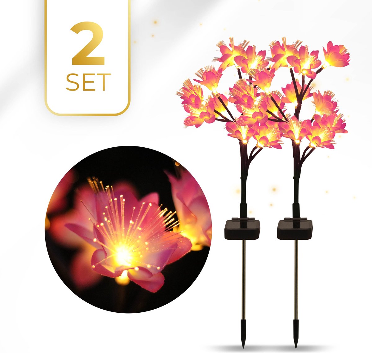 KENN® Tuinverlichting op Zonne-energie – Set van 2 – Roze – Tot 12 Branduren – Inclusief Grondspiezen – IP65 Waterdicht – Solar Tuinverlichting Bloemen – Buitenverlichting – Padverlichting – LED Tuinlampen - Bloemverlichting op Zonne-energie