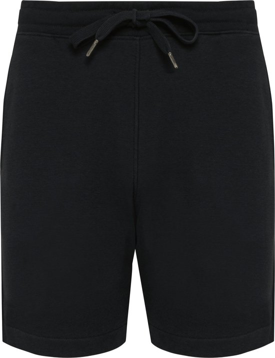 Vue de face d'un short bermuda noir en polaire avec ceinture à cordon de serrage noué et poches latérales.