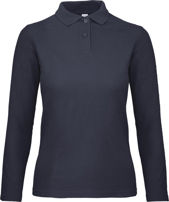Polo bleu marine pour femme à manches longues, col et boutons.