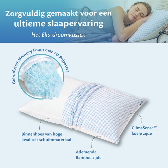 Ella hoofdkussen van gel-infused traagschuim met 7D polyester en bamboe.