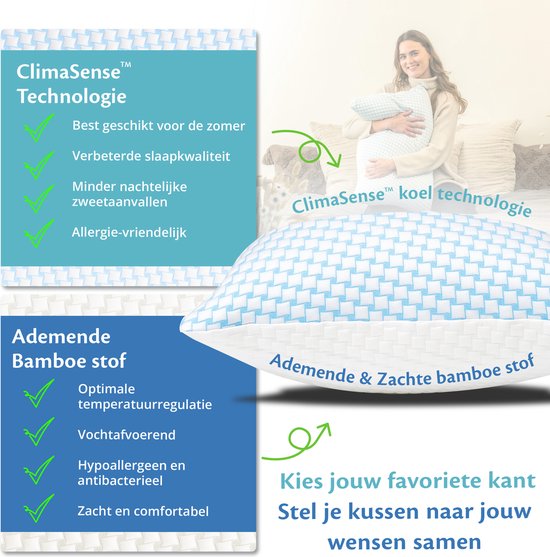 Vrouw met blauw en wit geblokt kussen; ClimaSense technologie en ademende bamboe stof.