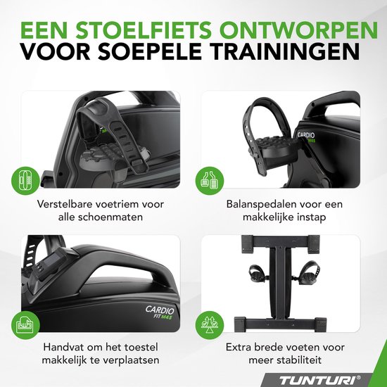 Vier close-ups van de zwarte hometrainer: verstelbare voetriemen, balancestriemen voor makkelijke instap, handvat voor verplaatsing en extra brede poten voor stabiliteit.