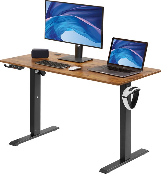 HLFURNIEU Elektrisch Zit-sta Bureau, 120 X 60 Cm, In Hoogte Verstelbaar Elektrisch Met Geintegreerd Stopcontact En Usb Poort Verstelbaar Tafelblad Hoogte Met 3 Bedieningsknoppen Esdoorn