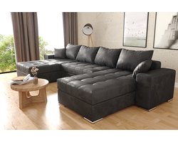 hoekbank Josua U - Wooneiland Hoeksalon Met bed en Opbergruimte - Vintage Afkuisbaar Zwart Microvezelstof