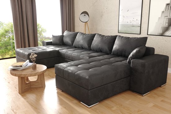 hoekbank Josua U - Wooneiland Hoeksalon Met bed en Opbergruimte - Vintage Afkuisbaar Zwart Microvezelstof
