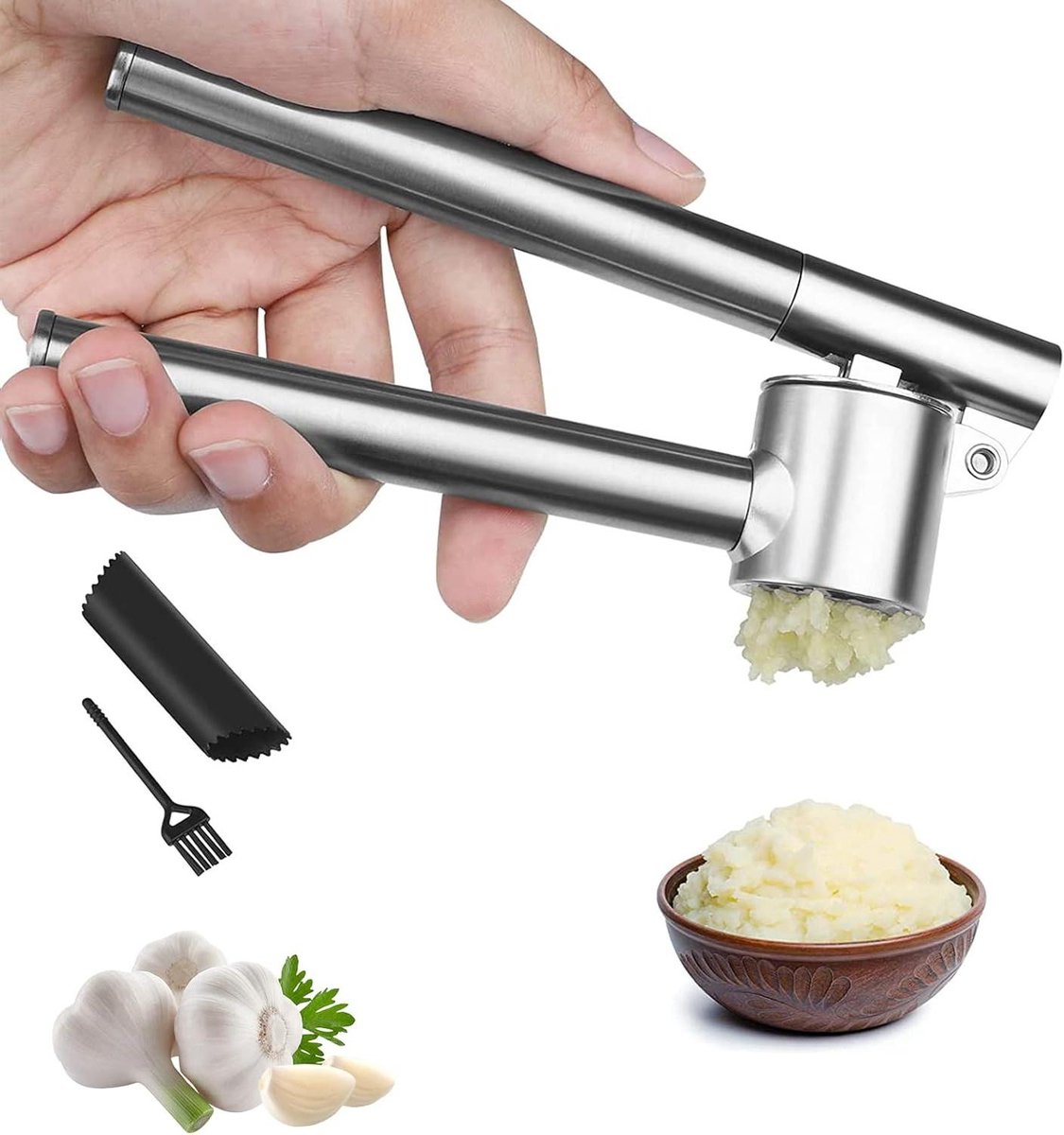 Knoflookpers roestvrij staal - het is niet nodig om knoflookmolen voor fijne knoflook te schillen - afneembaar voor eenvoudige reiniging - Knoflookperser en Masher - Knoflookbreker 5 jaar garantie