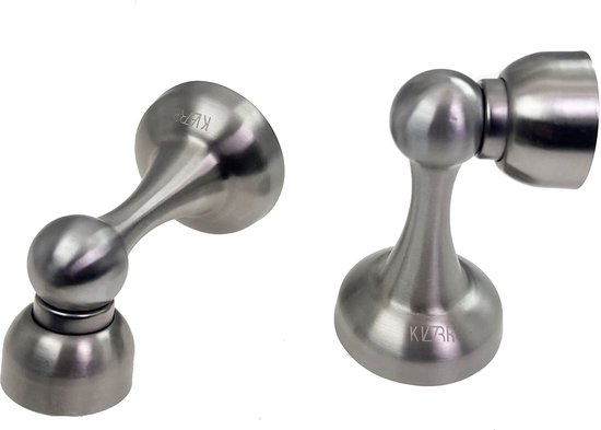 Twee zilverkleurige magnetische deurvastzetters, één rechtop en één liggend, met Kierr-logo.