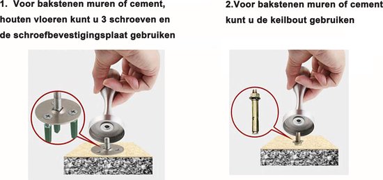 Demonstratie van twee installatiemethoden: schroefbevestiging en plugbevestiging voor de deurvastzetter.