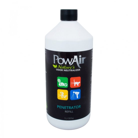 Witte fles PowAir Nature's Odor Neutralizer Penetrator Re-Fill, met pictogrammen van sport, kat, hond en spray. 1L / 33 fl oz.