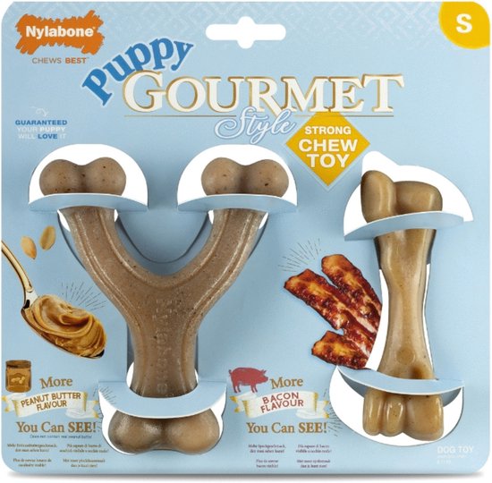 Nylabone Puppy Gourmet Twin Pack hondenkluifjes in pindakaas en bacon smaak, maat S.